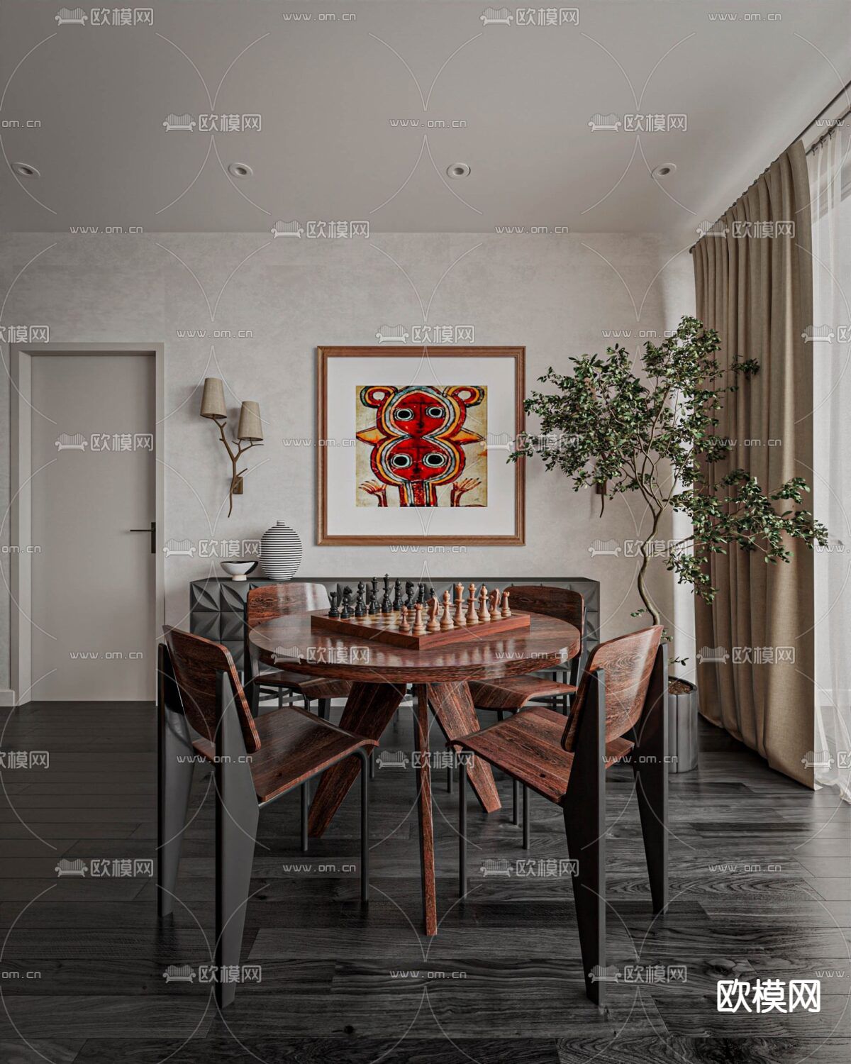 中古风餐桌椅 圆餐桌3d模型下载（渲染图1）