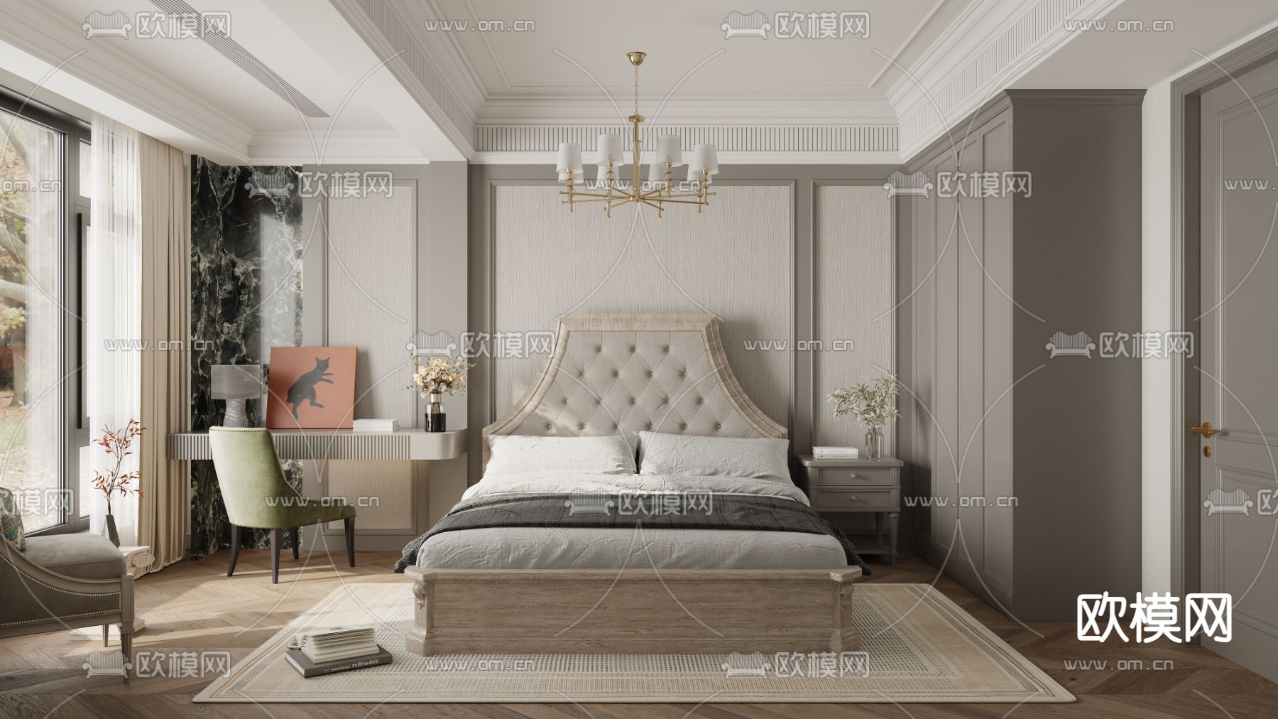 美式卧室 主卧 主人房3d模型下载（渲染图1）