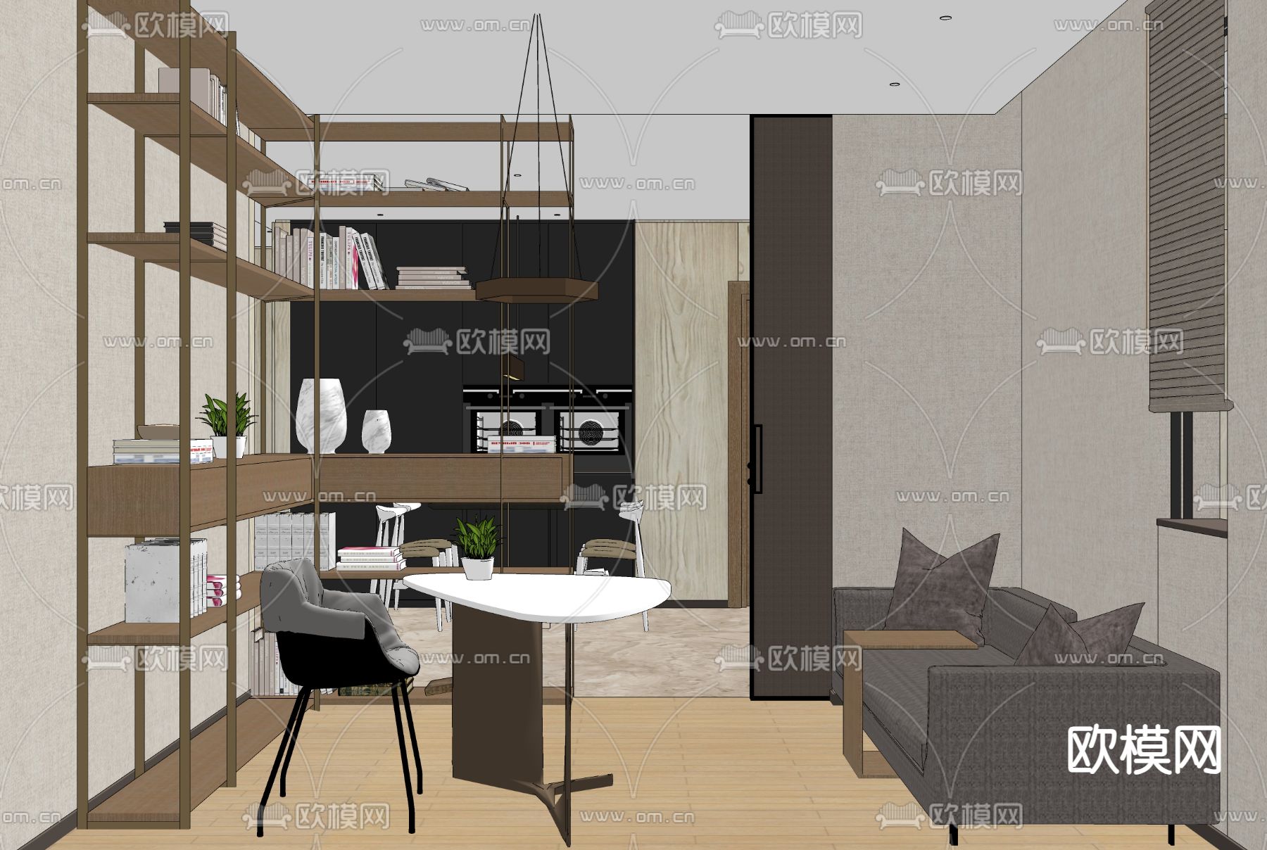 现代书房su模型下载（渲染图1）