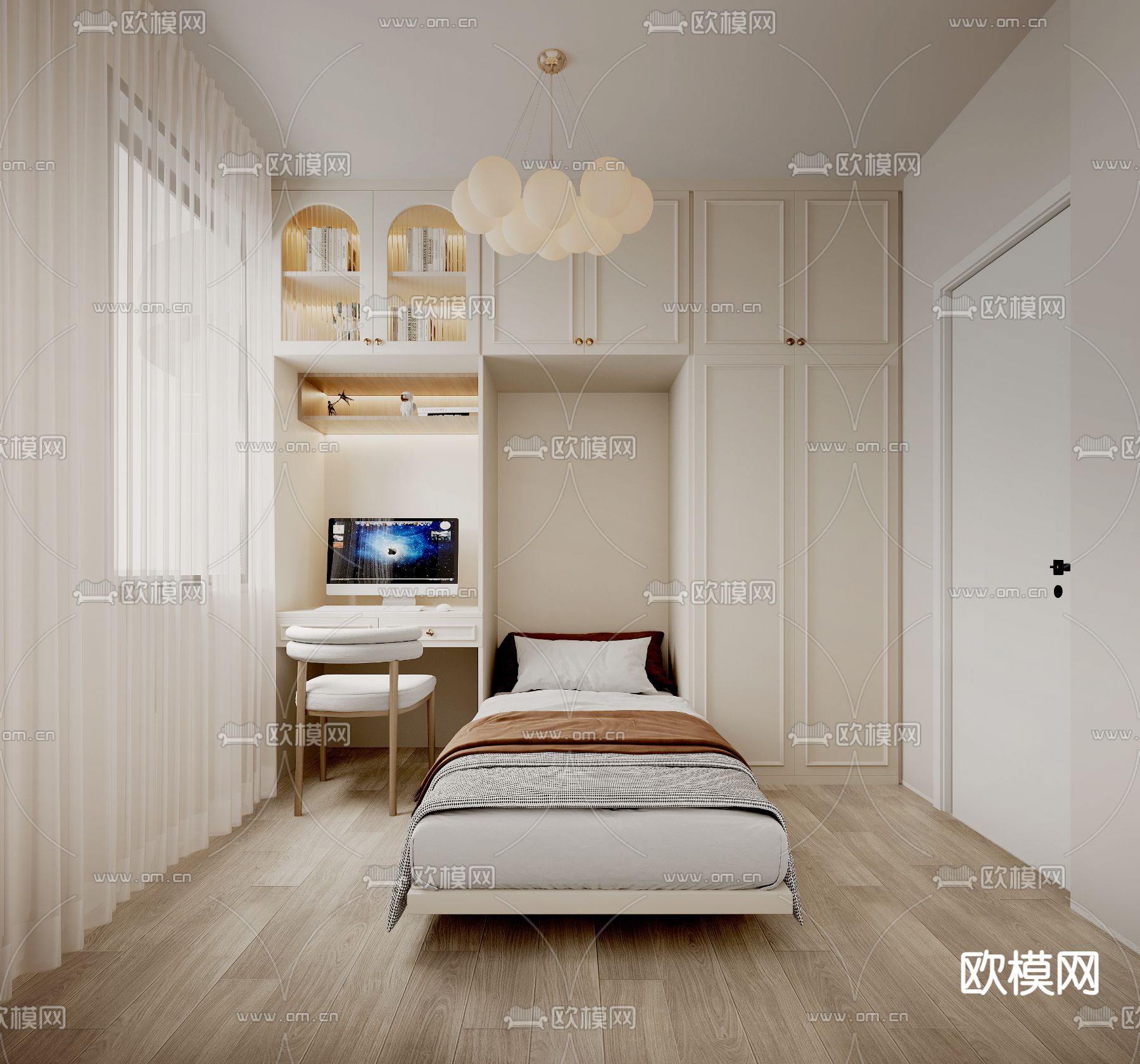 奶油风卧室 次卧3d模型下载