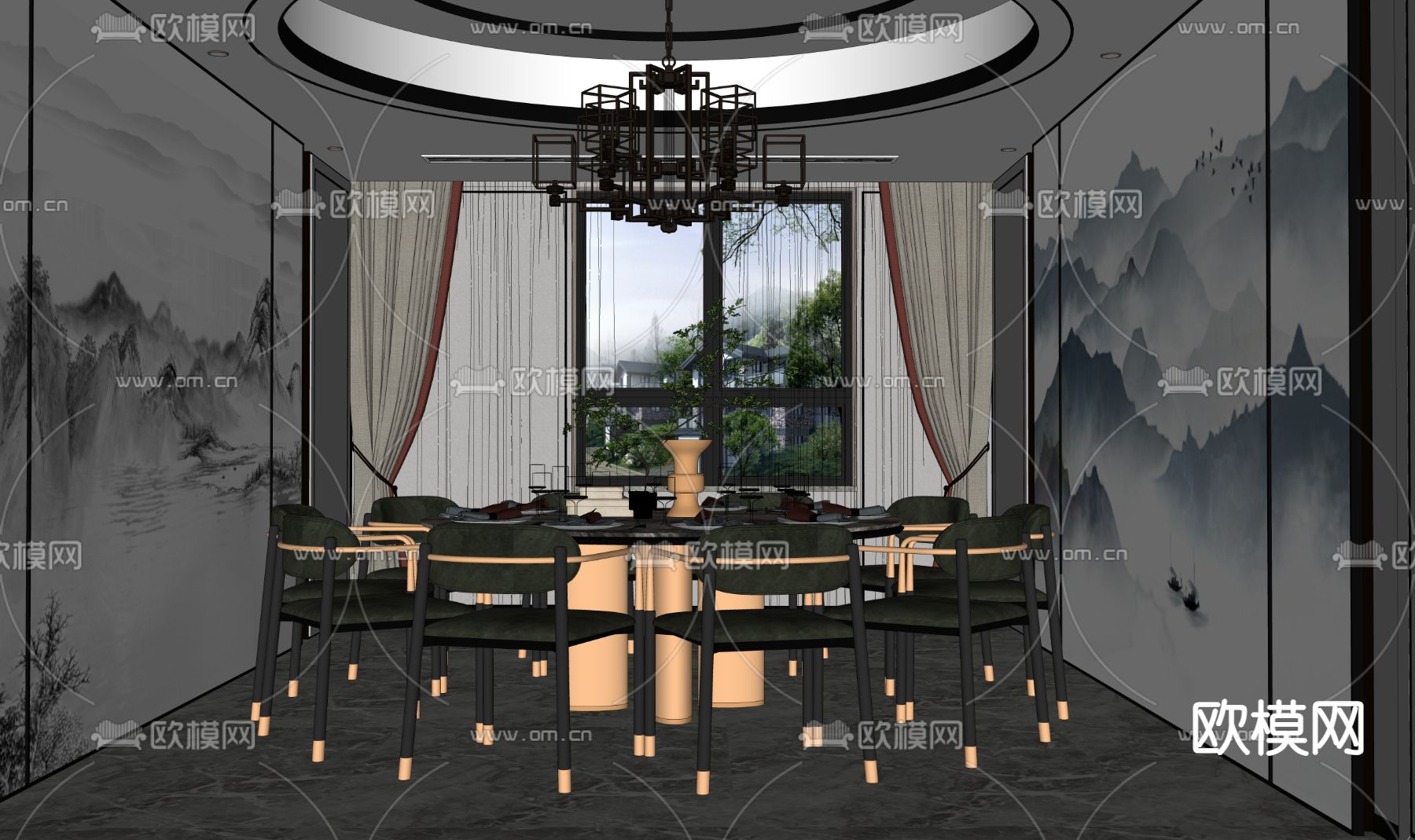 新中式餐饮包厢su模型下载（渲染图1）