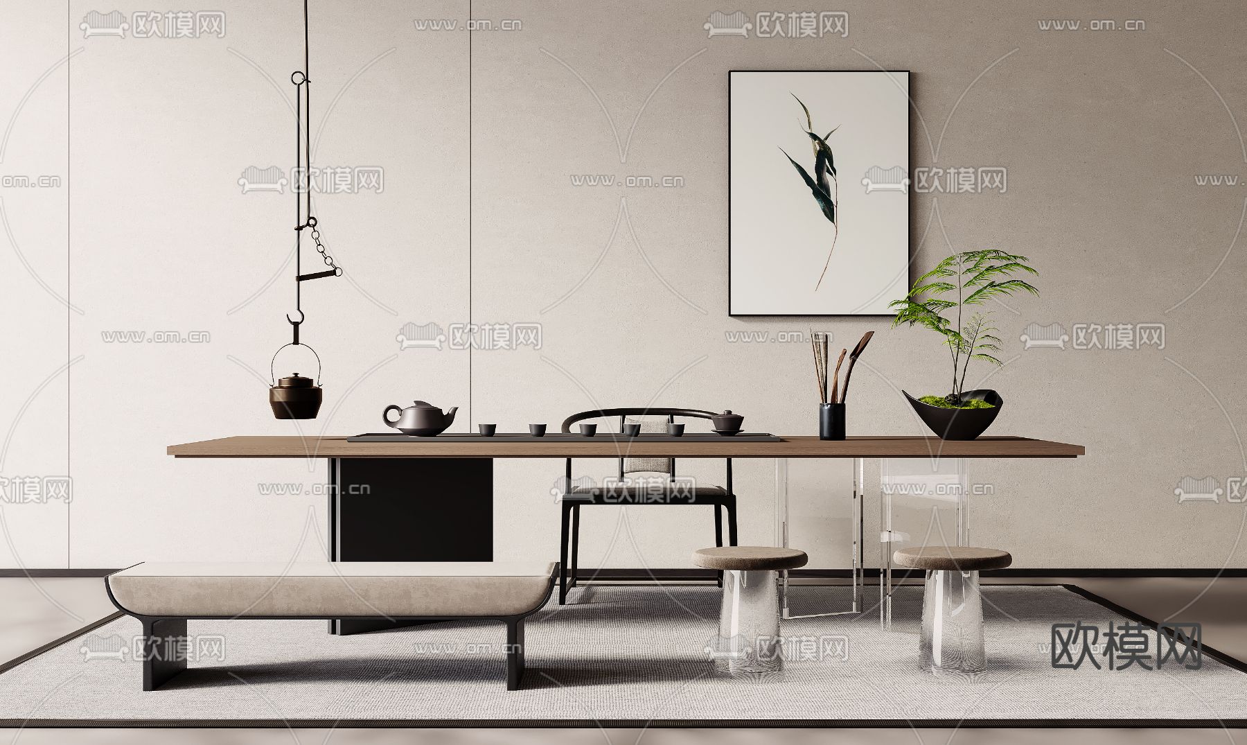 现代茶桌椅su模型下载（渲染图2）