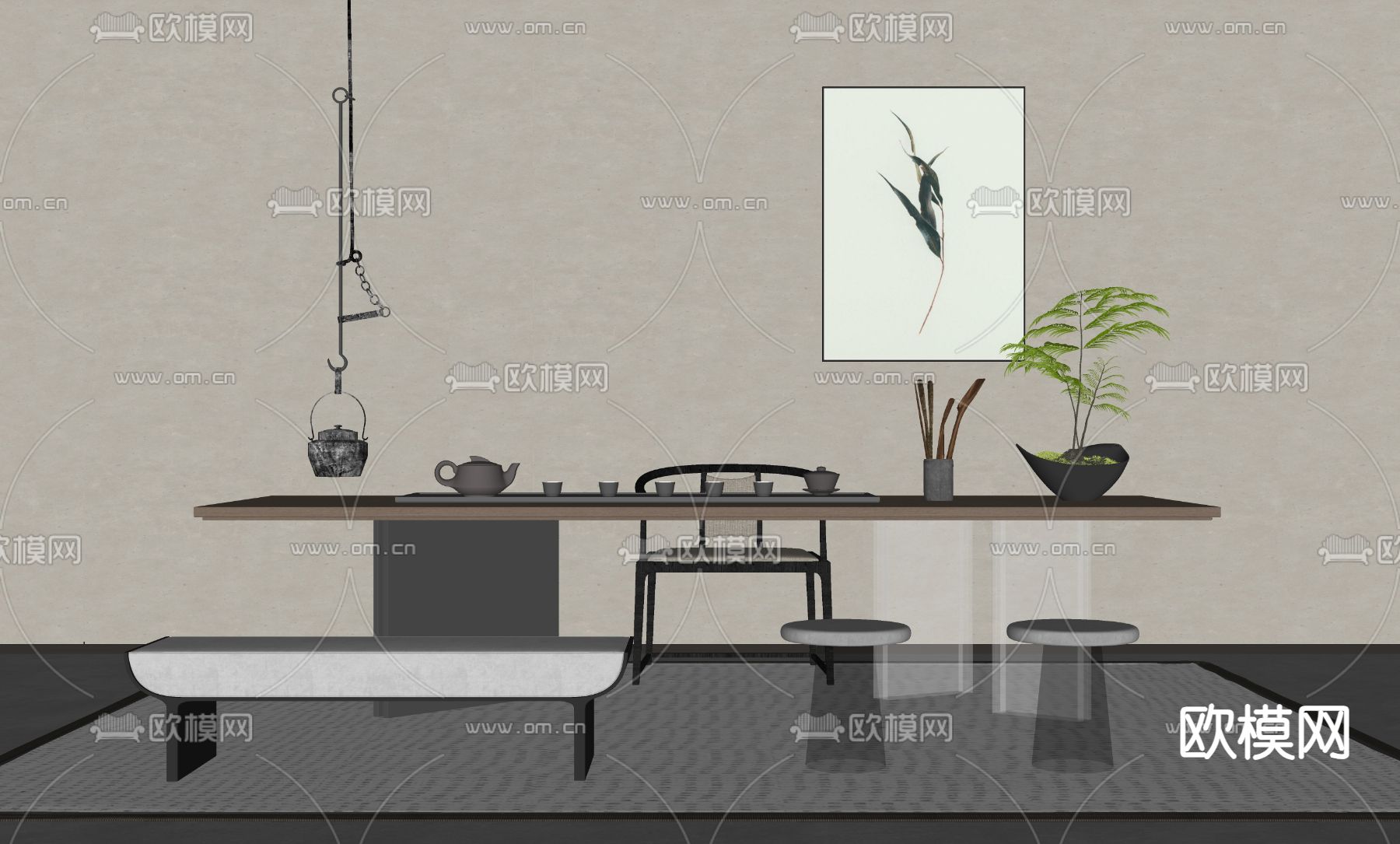 现代茶桌椅su模型下载（渲染图1）