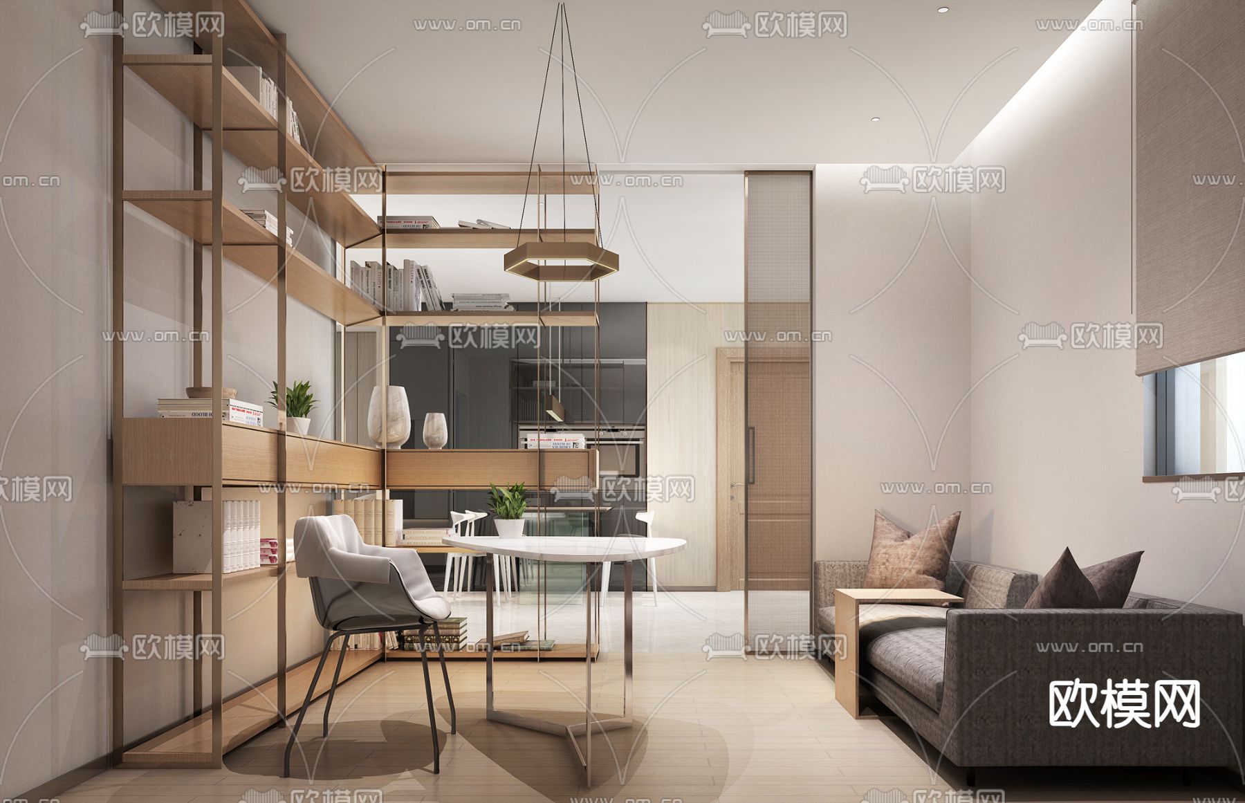 现代书房su模型下载（渲染图2）
