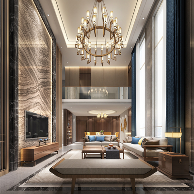  新中式别墅客厅su模型 