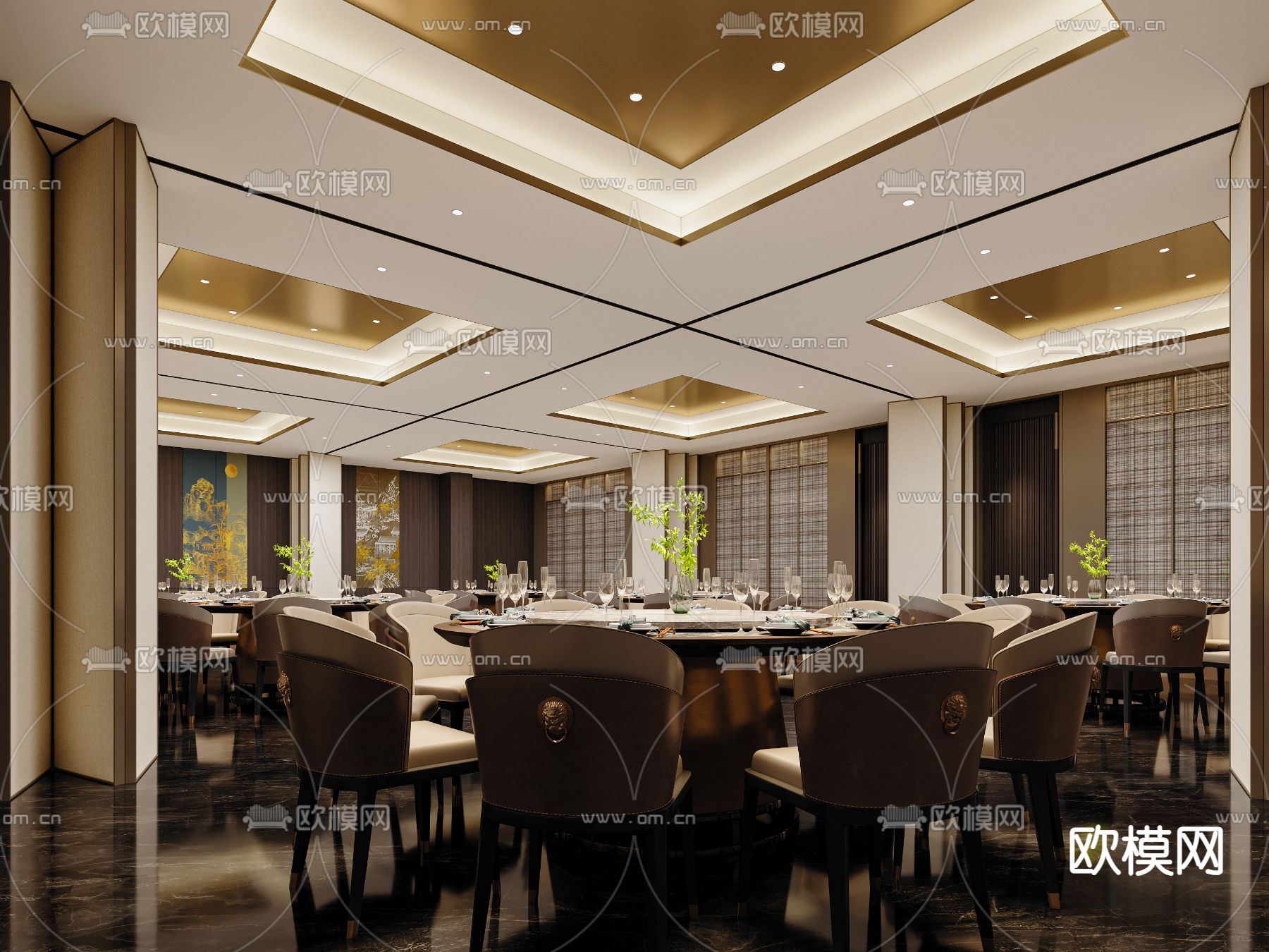 新中式宴会厅免费3d模型下载（渲染图1）