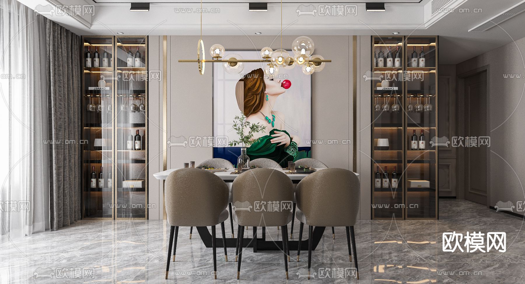 现代客厅 餐厅3d模型下载（渲染图2）