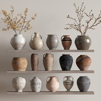  侘寂陶瓷 器皿 陶罐 干枝花瓶su模型 