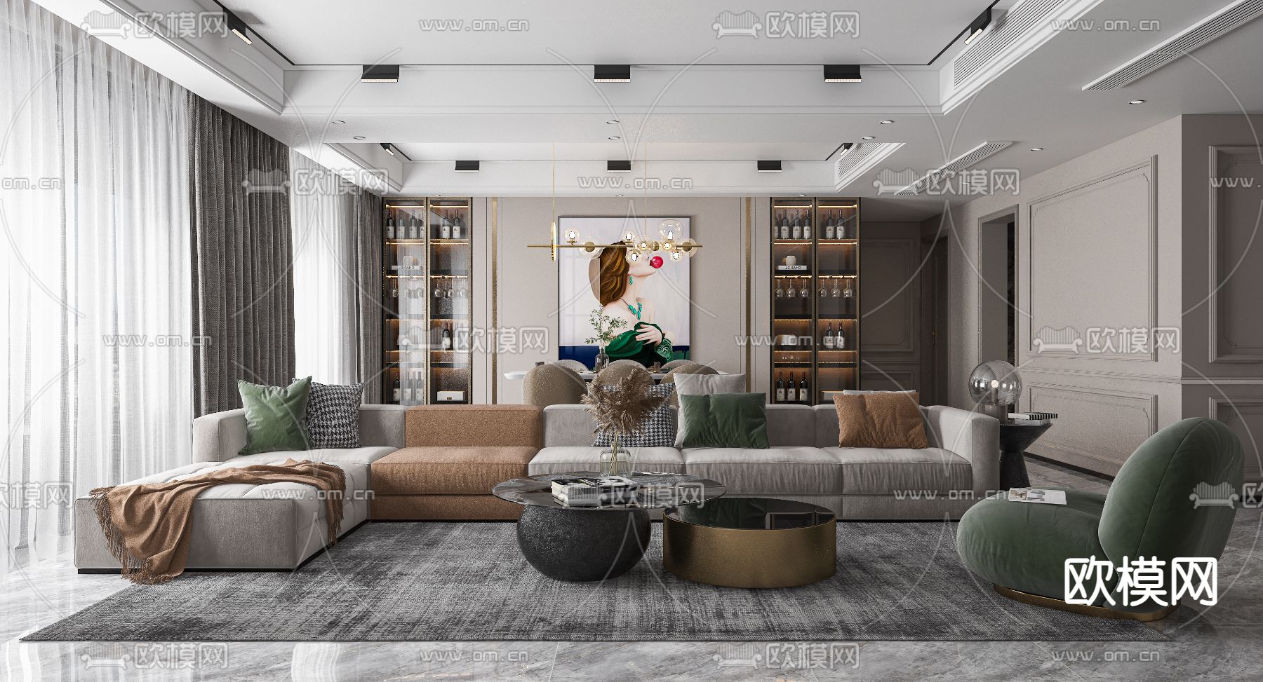 现代客厅 餐厅3d模型下载（渲染图1）