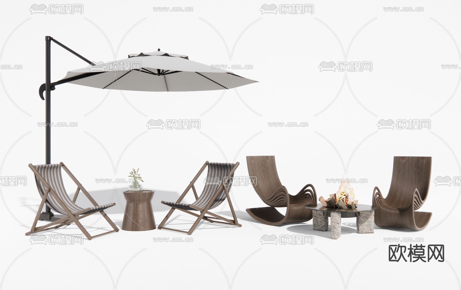 现代户外躺椅 户外椅 遮阳伞su模型下载（渲染图1）