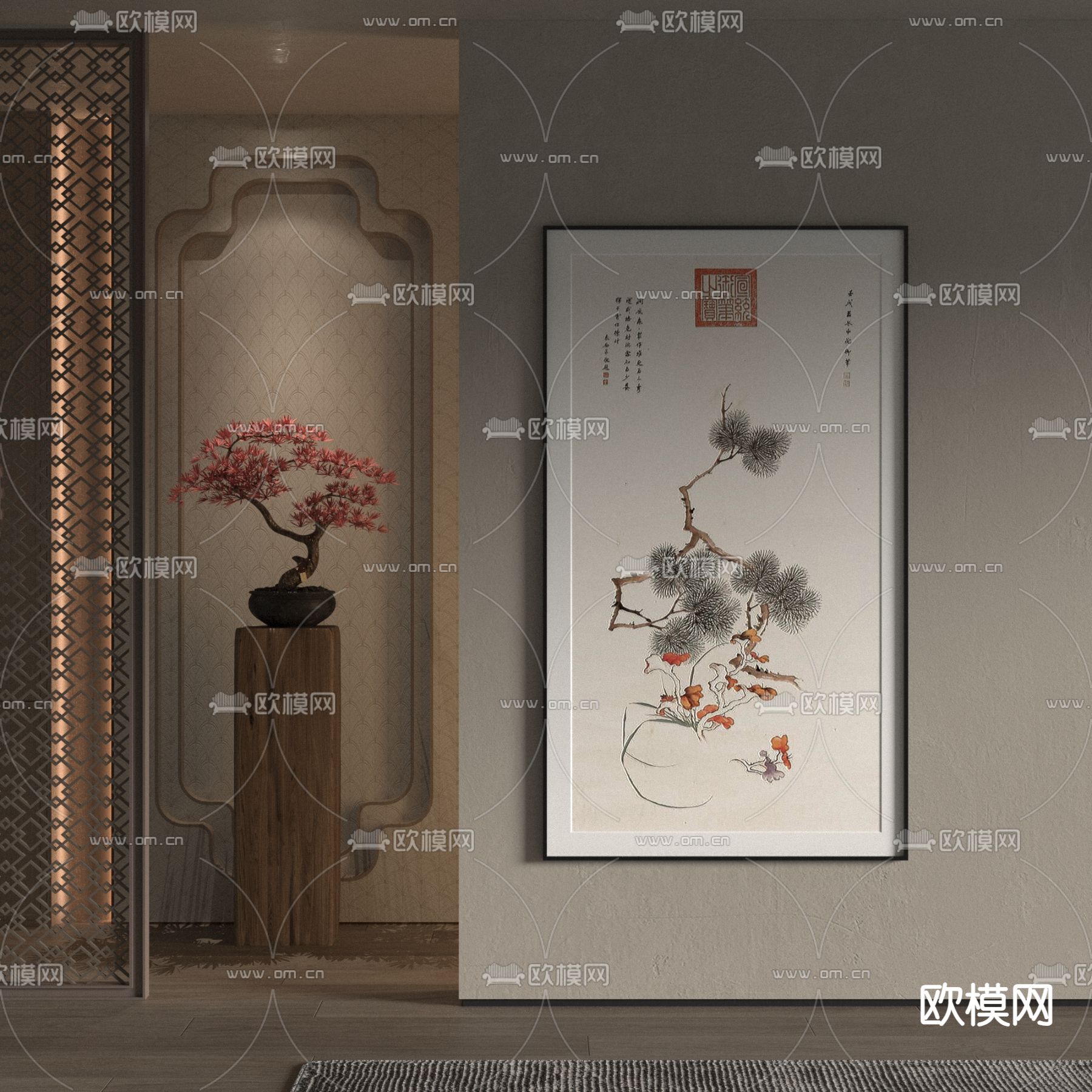 新中式装饰画 禅意挂画su模型下载（渲染图1）