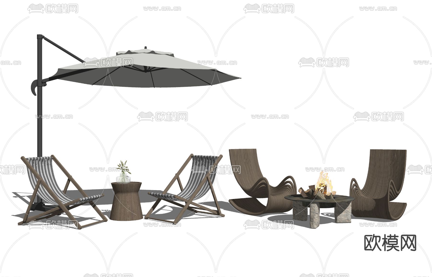 现代户外躺椅 户外椅 遮阳伞su模型下载（渲染图2）