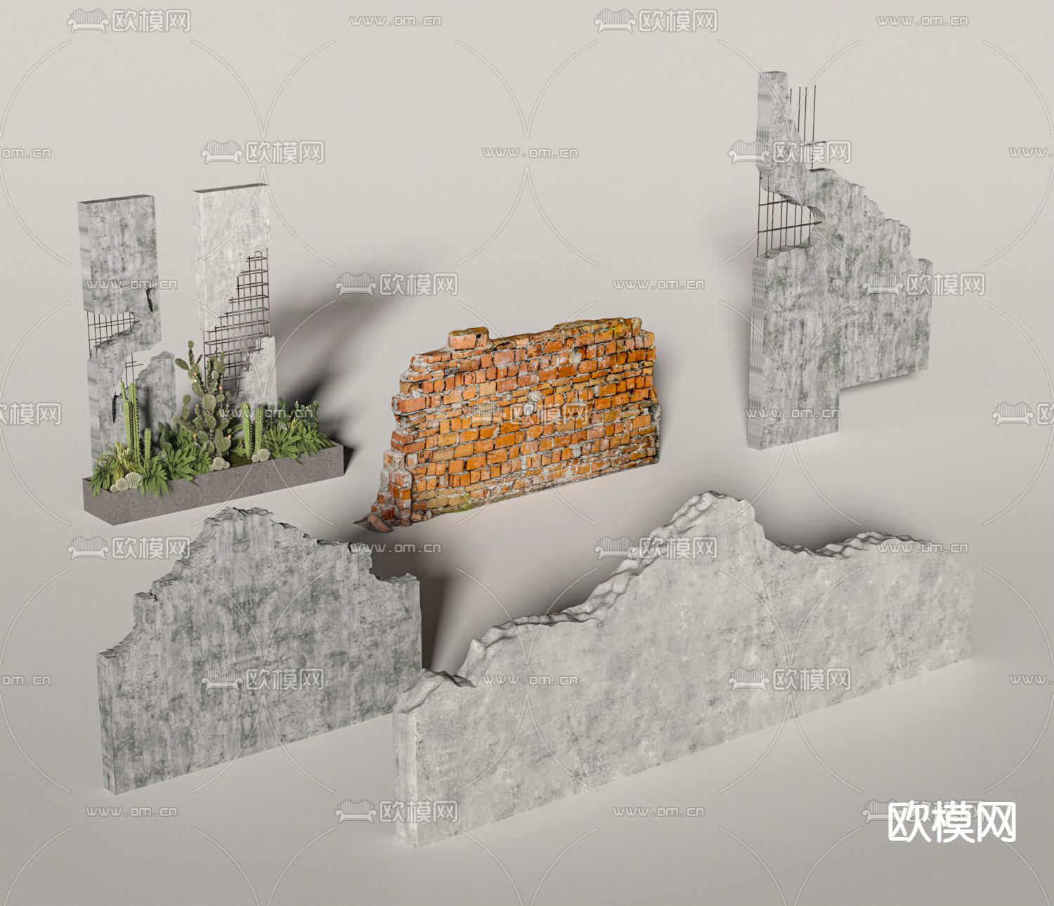 战后风砖墙 战损墙 水泥墙 围墙3d模型下载