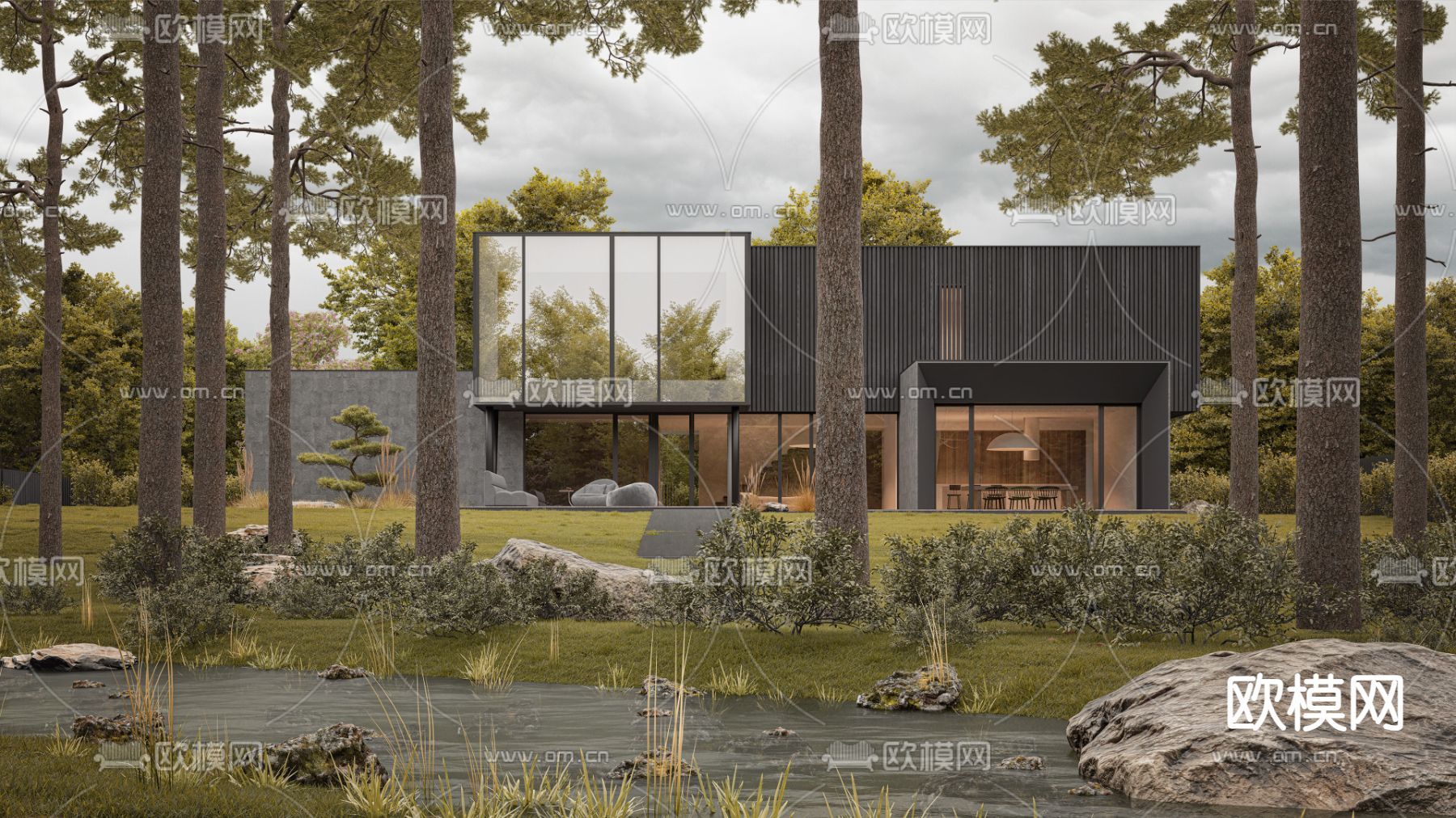 现代森林民宿 独栋别墅su模型下载（渲染图1）