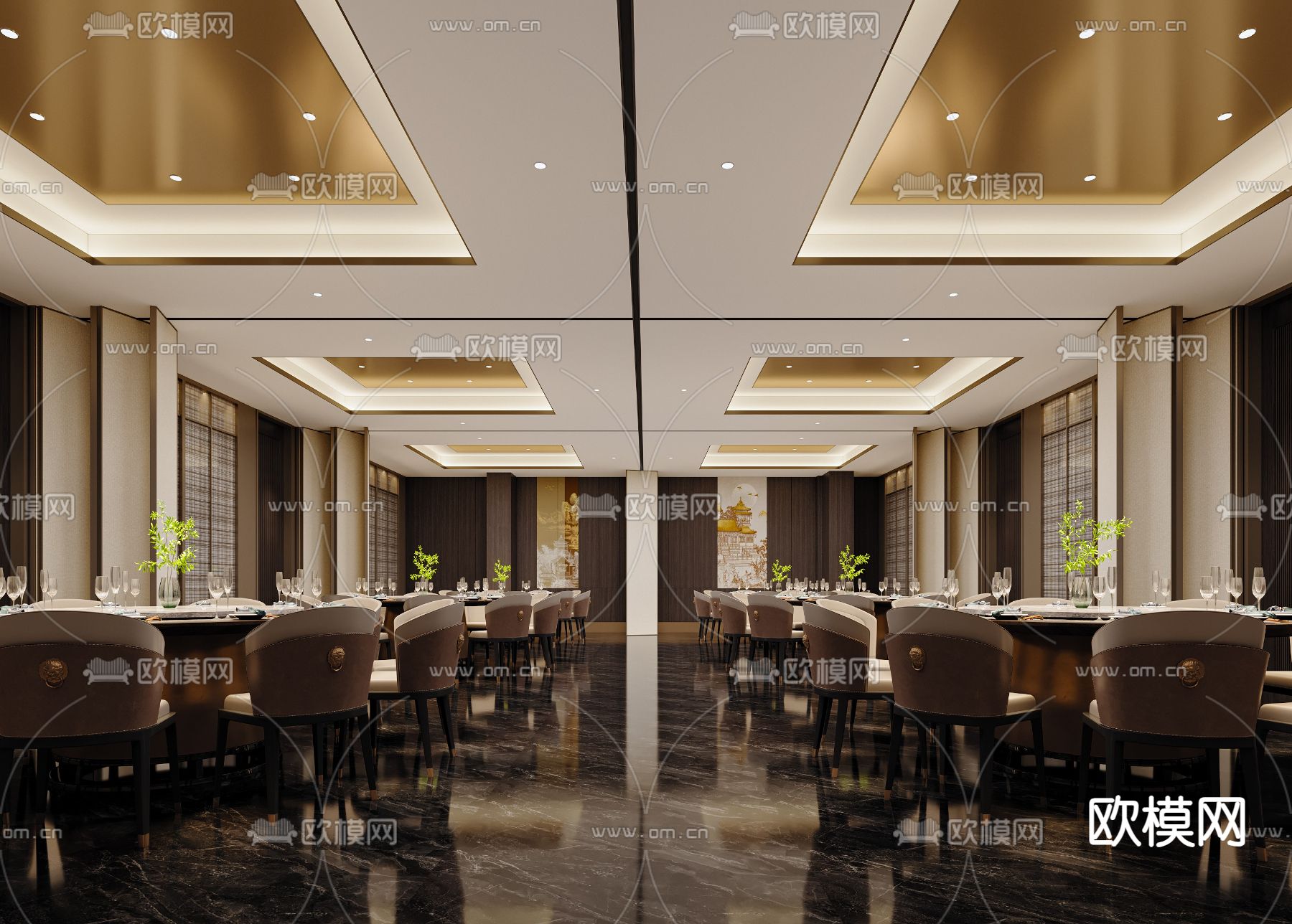 新中式宴会厅免费3d模型下载（渲染图2）