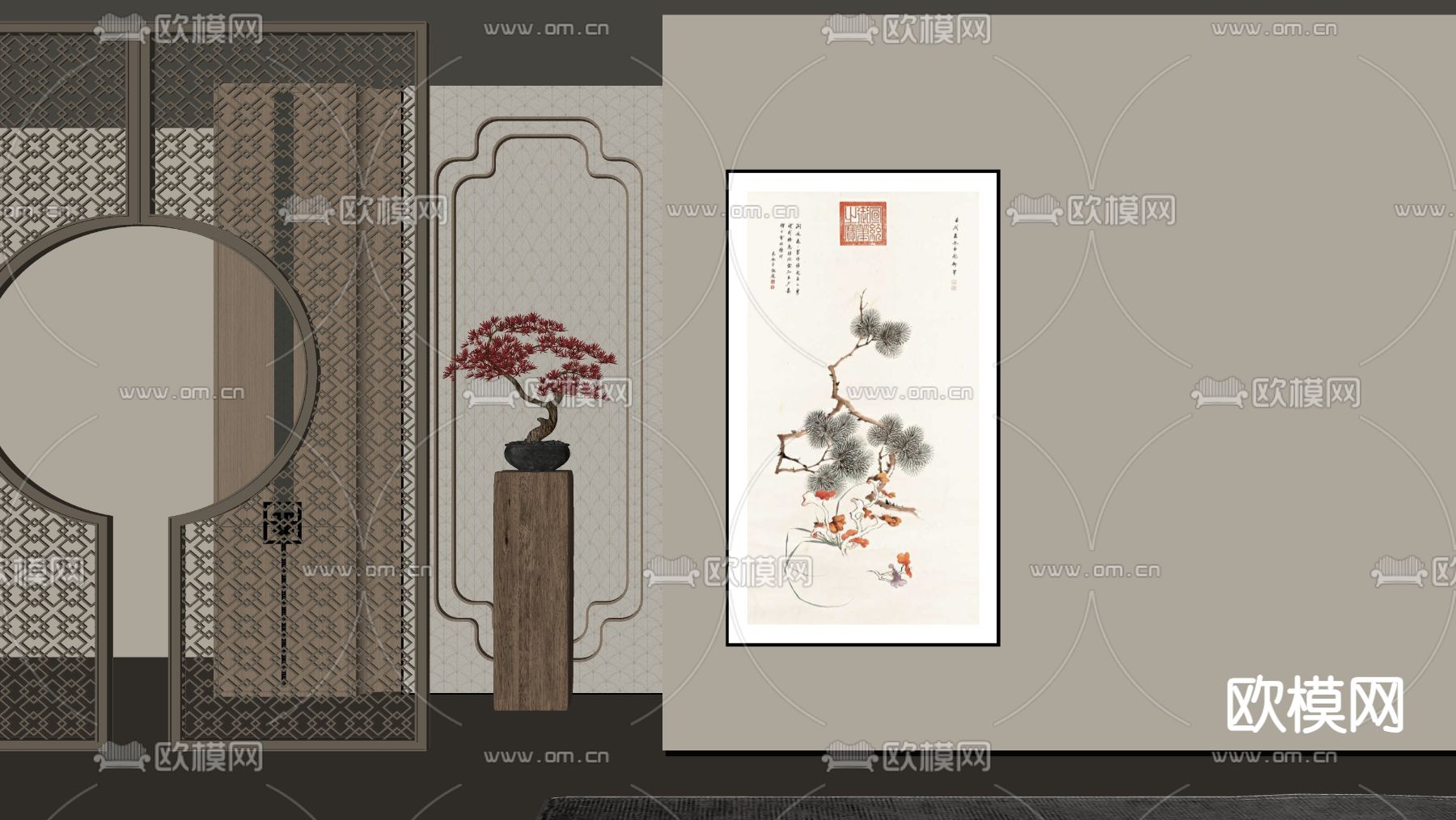 新中式装饰画 禅意挂画su模型下载（渲染图2）