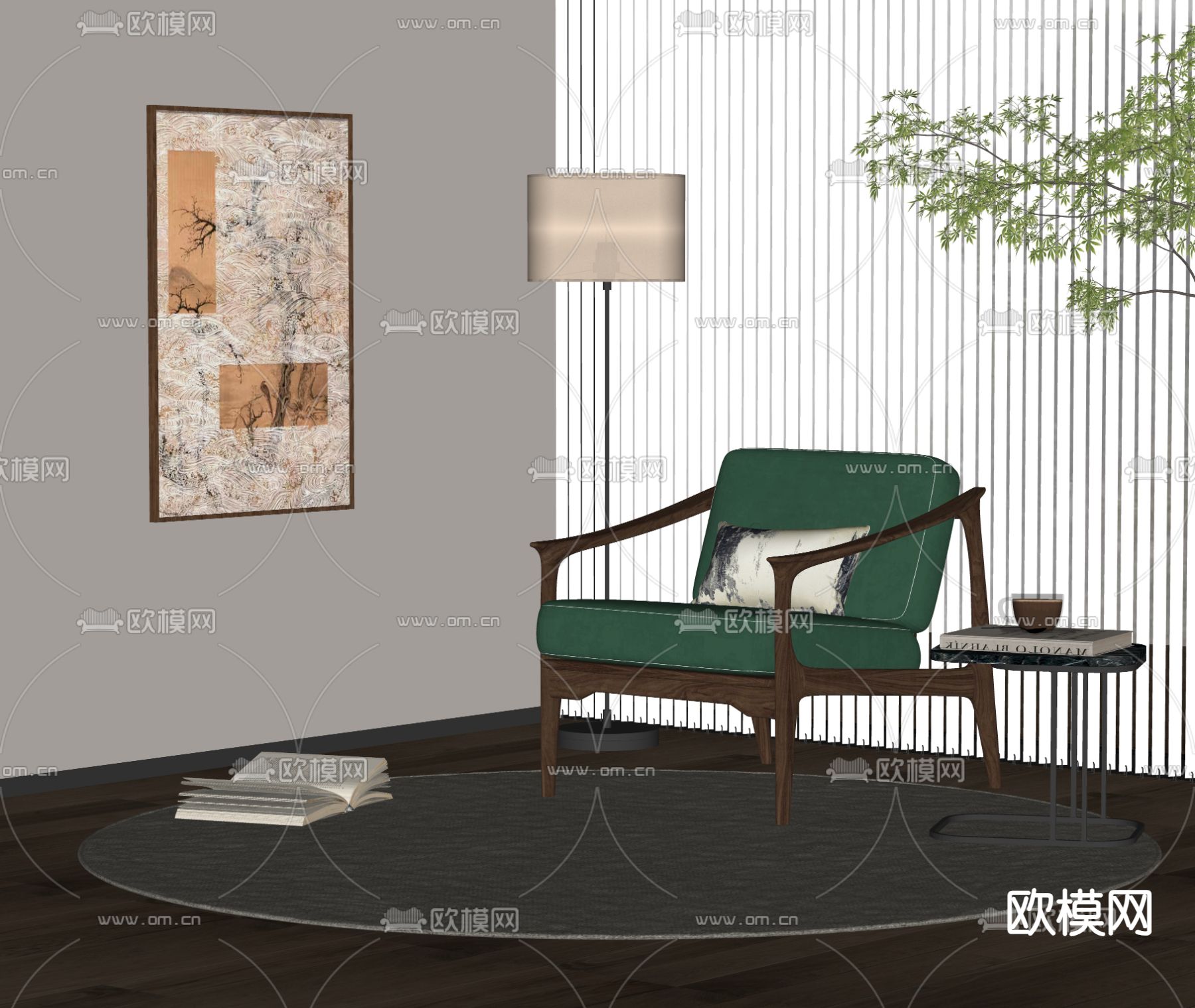 新中式休闲椅 椅子su模型下载（渲染图2）