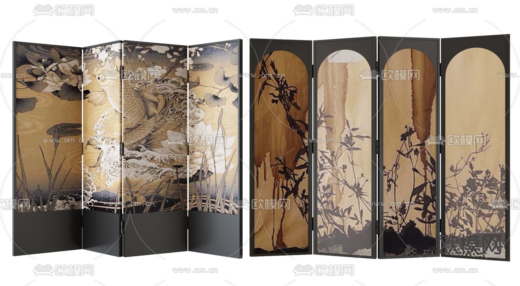 中古风屏风 壁画隔断3d模型下载