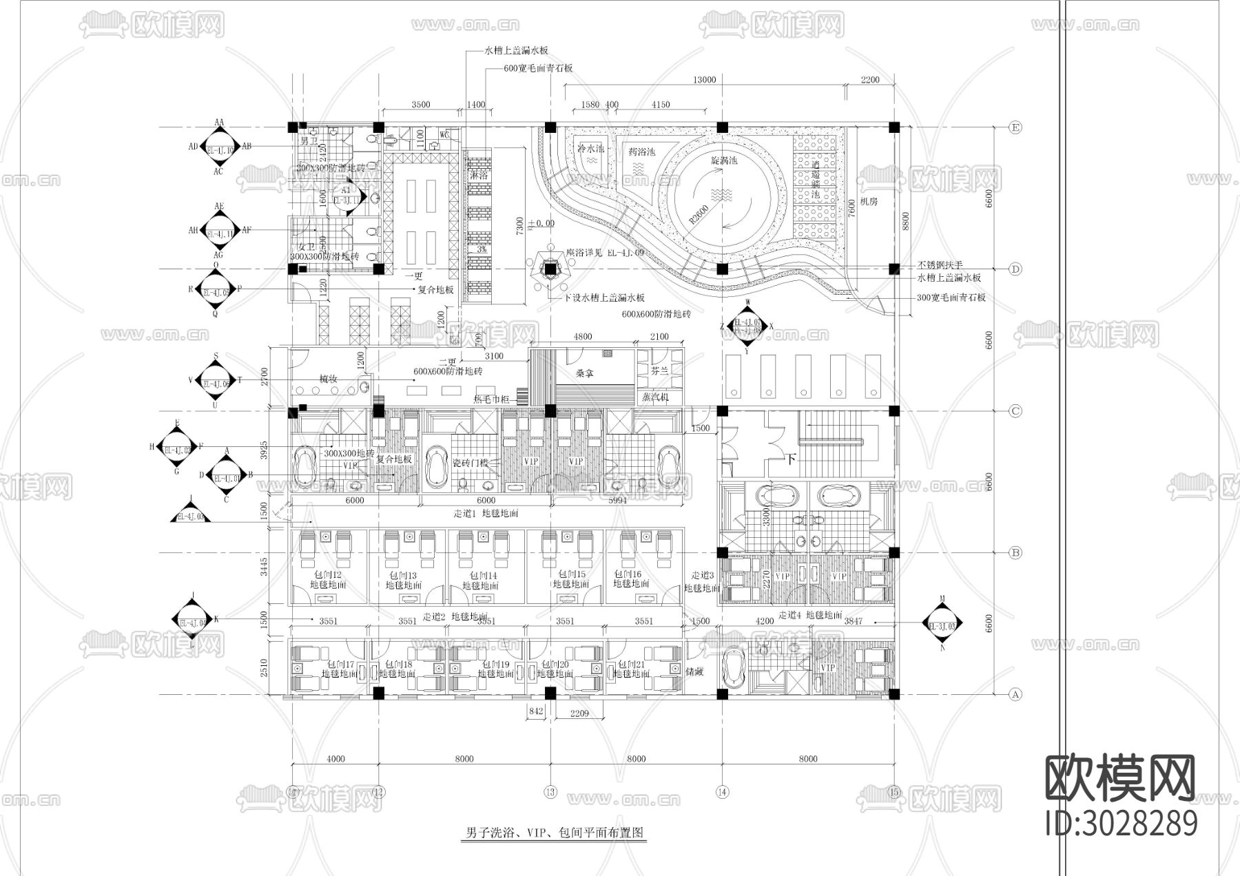 1260㎡ 汤泉 洗浴 水疗 休闲会所cad施工图下载（渲染图1）