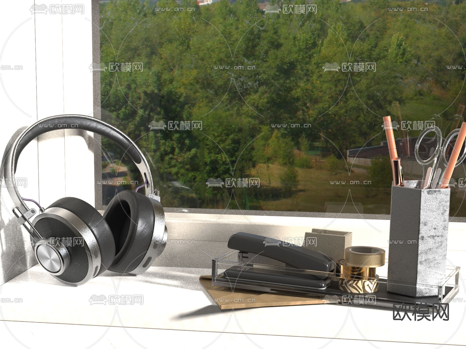 办公用品 耳麦 订书机 笔筒3d模型下载