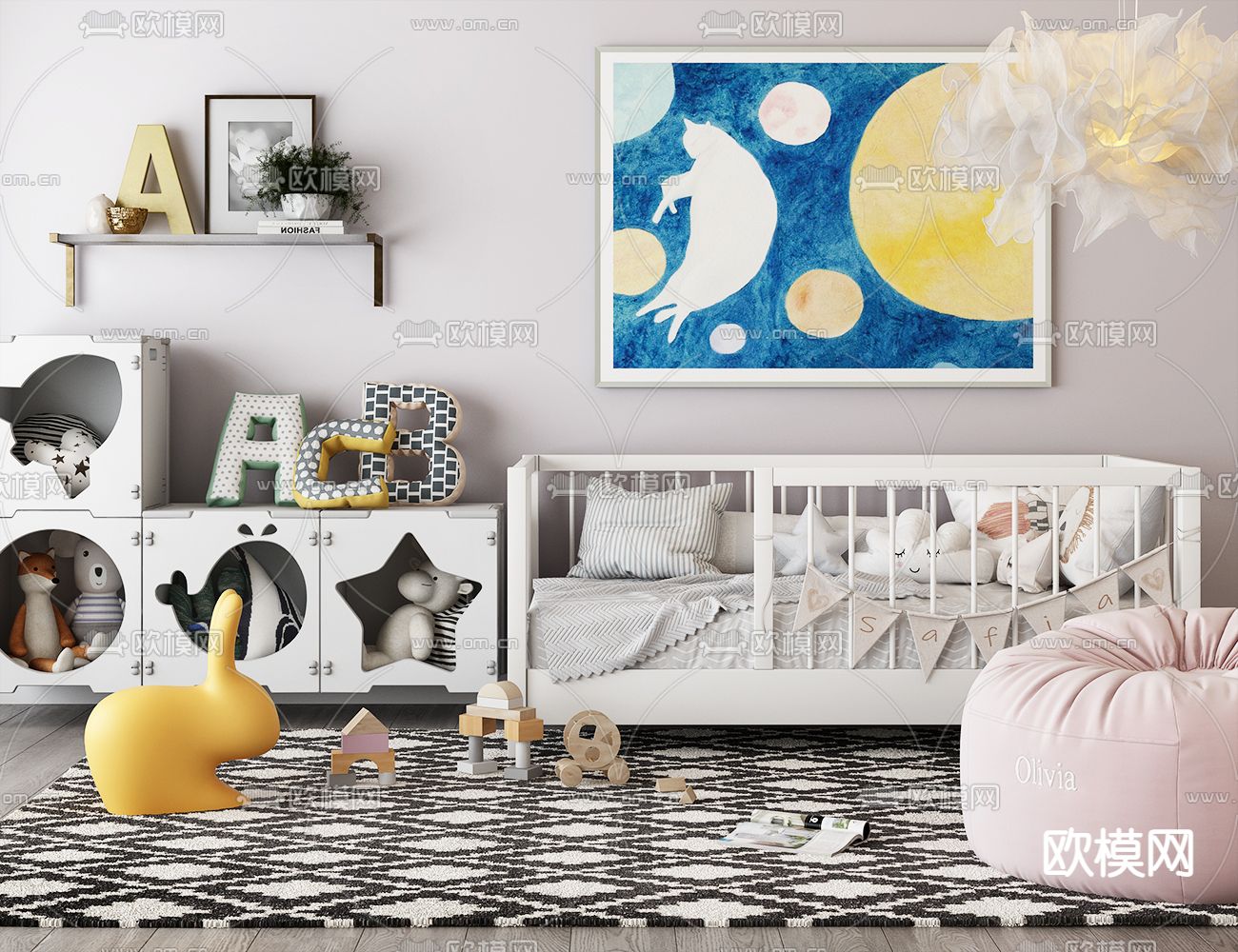 现代儿童床 婴儿床3d模型下载（渲染图1）