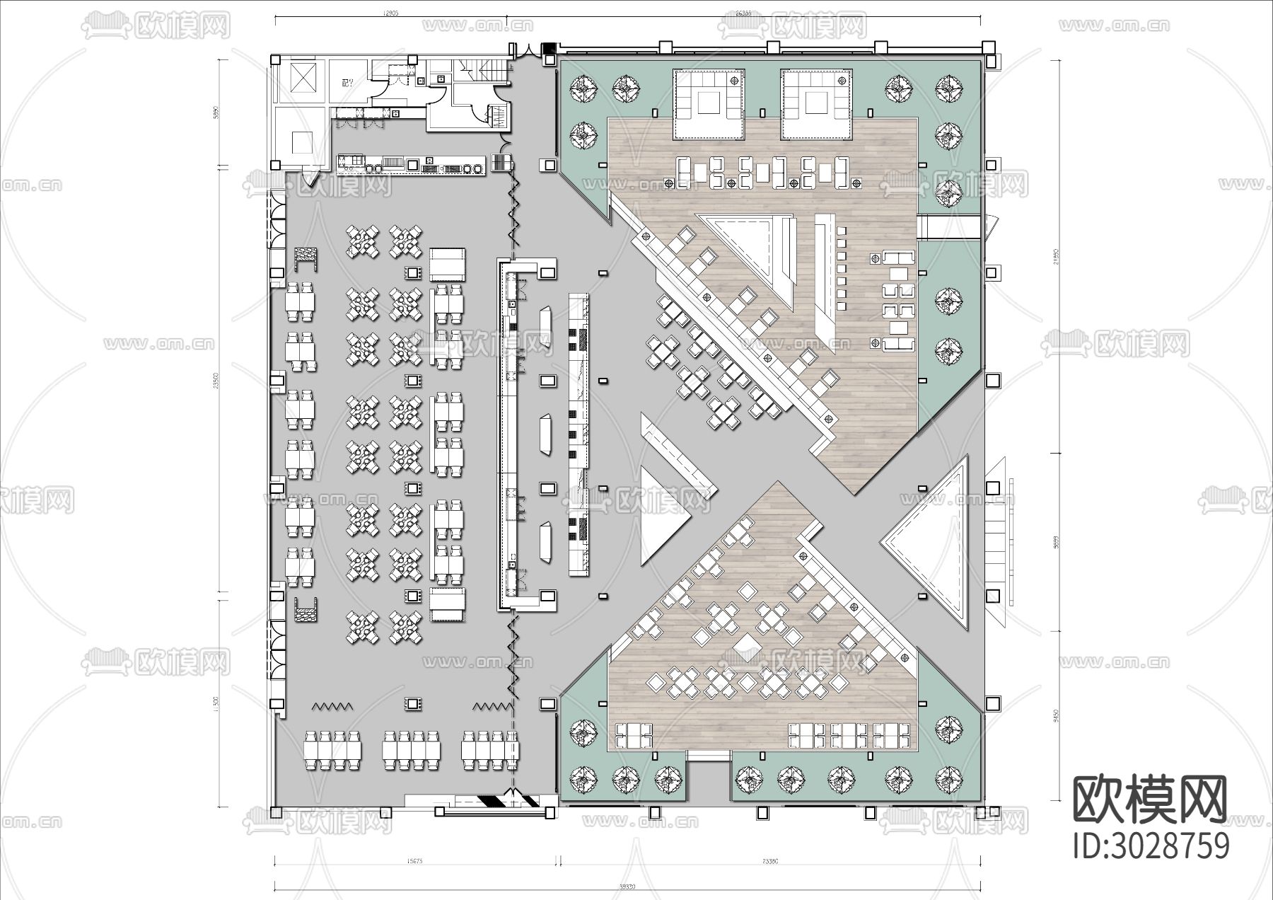 1500㎡景观自助餐厅cad平面图下载（渲染图2）
