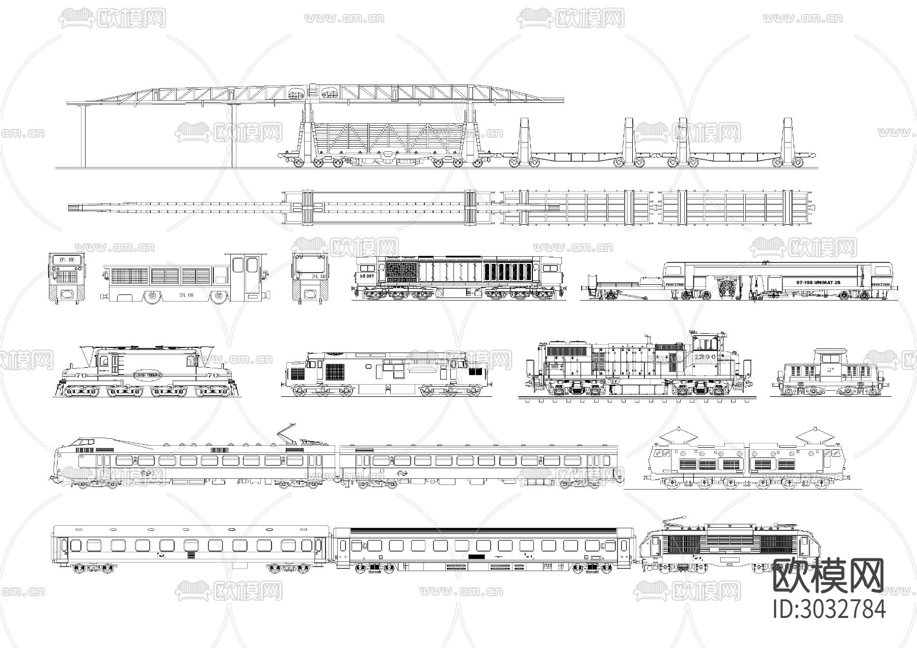 各种轨道电车 客运 货运 老上海电车cad图库下载（渲染图1）
