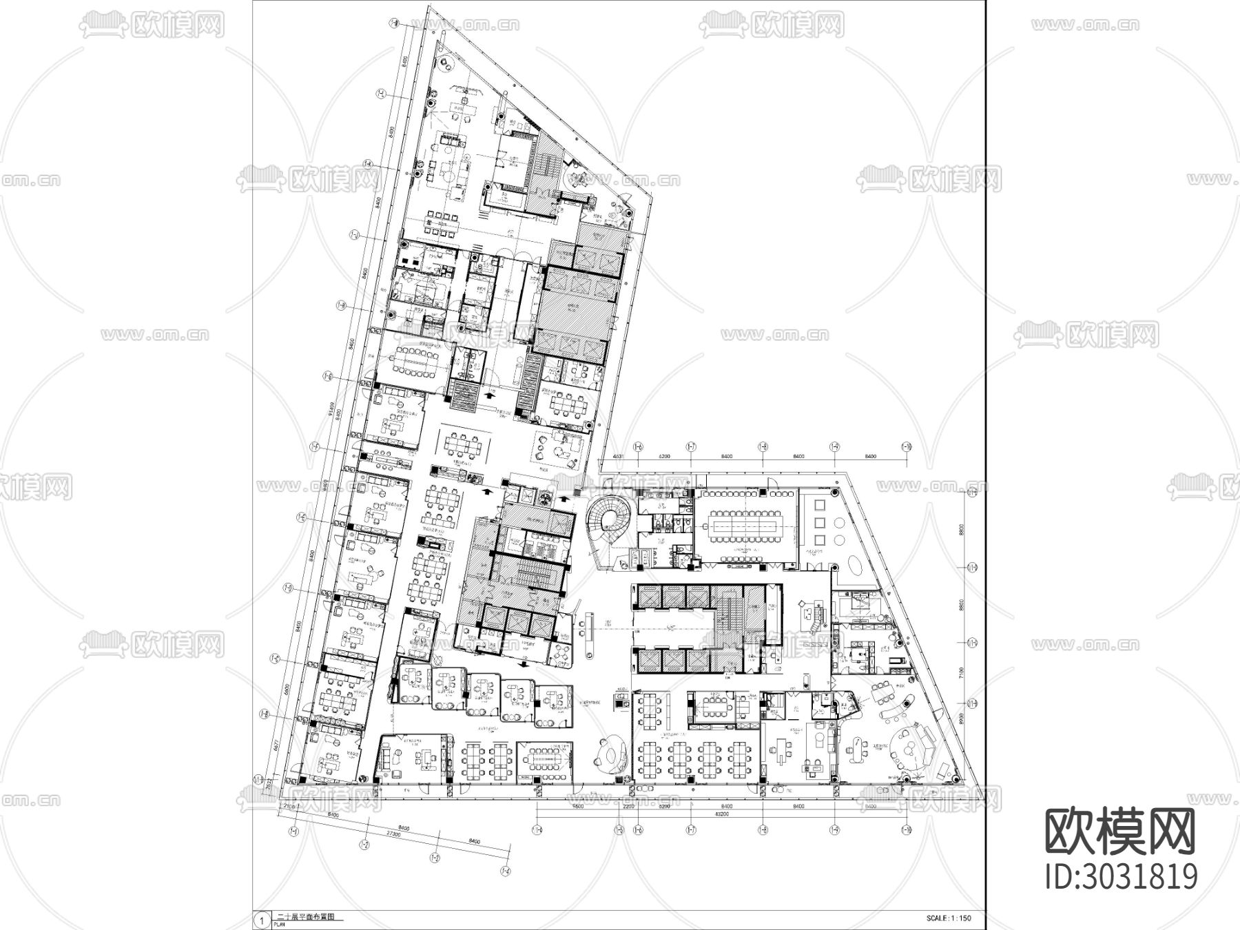 办公空间 办公室cad平面图下载（渲染图1）