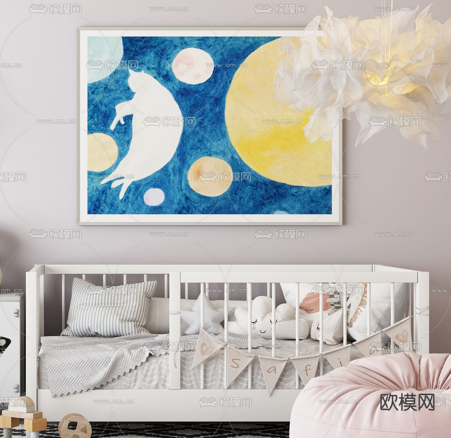 现代儿童床 婴儿床3d模型下载（渲染图2）