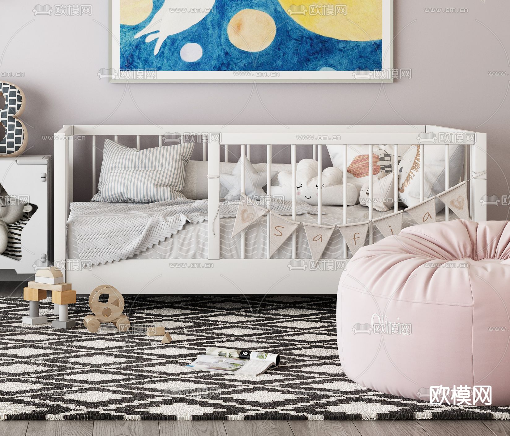 现代儿童床 婴儿床3d模型下载（渲染图3）