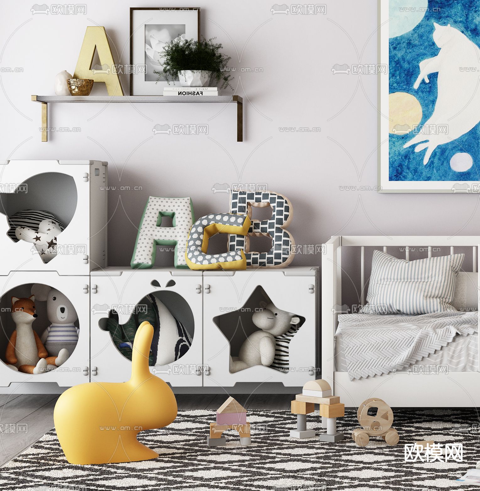 现代儿童床 婴儿床3d模型下载（渲染图4）