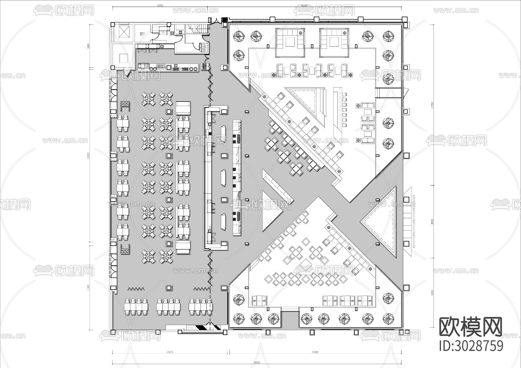 1500㎡景观自助餐厅cad平面图下载（渲染图1）