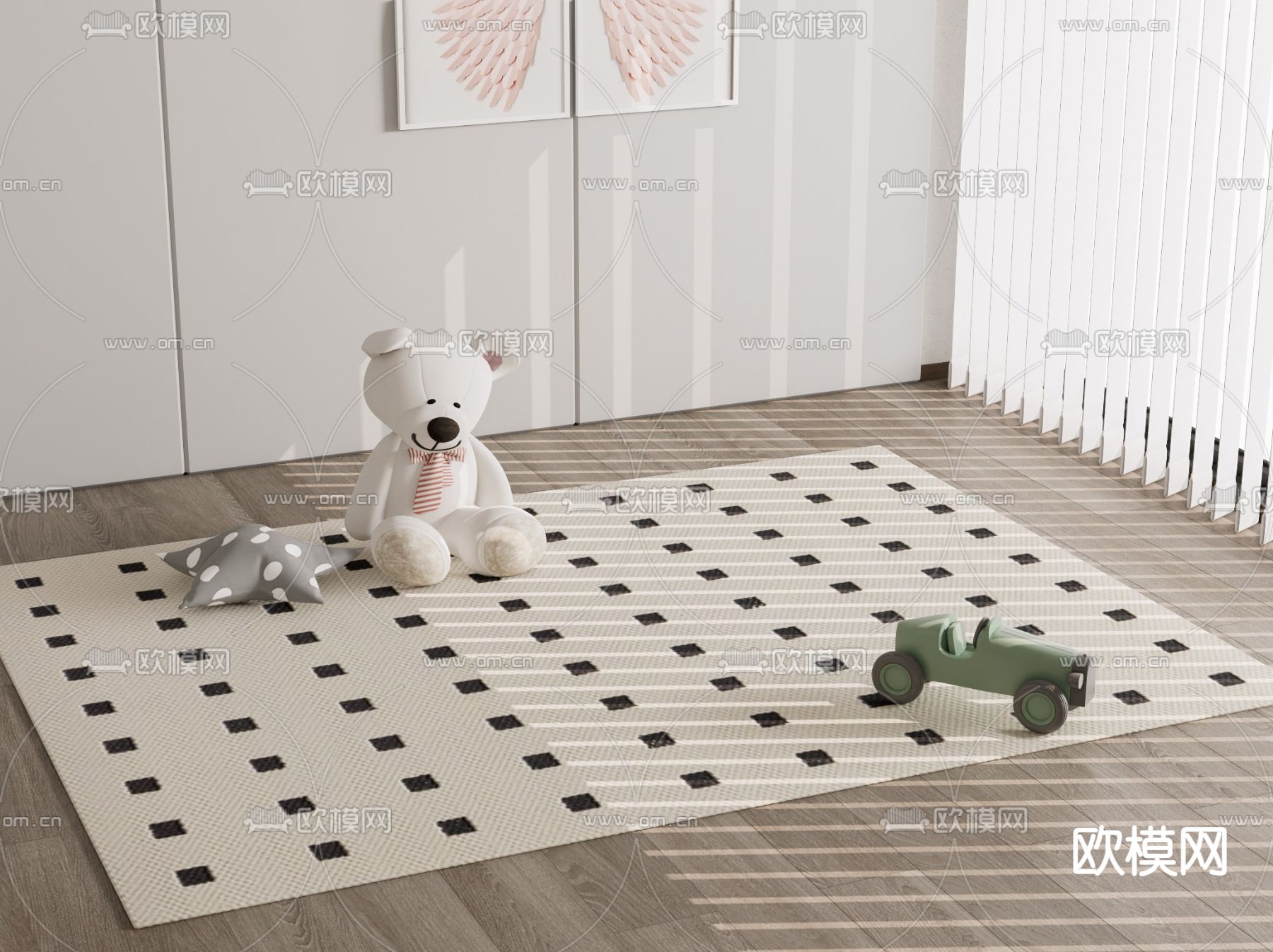 奶油风地毯 棋盘格地毯su模型下载（渲染图1）