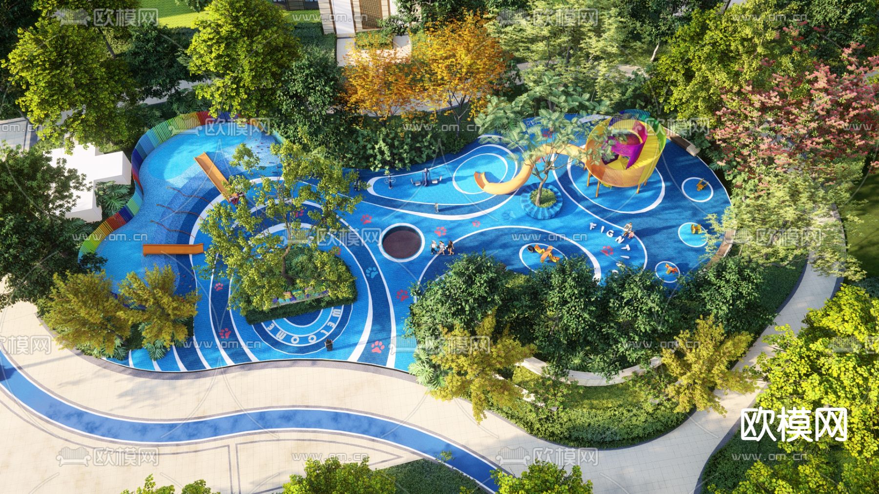 现代海洋主题儿童游乐区 儿童活动器械su模型下载（渲染图1）