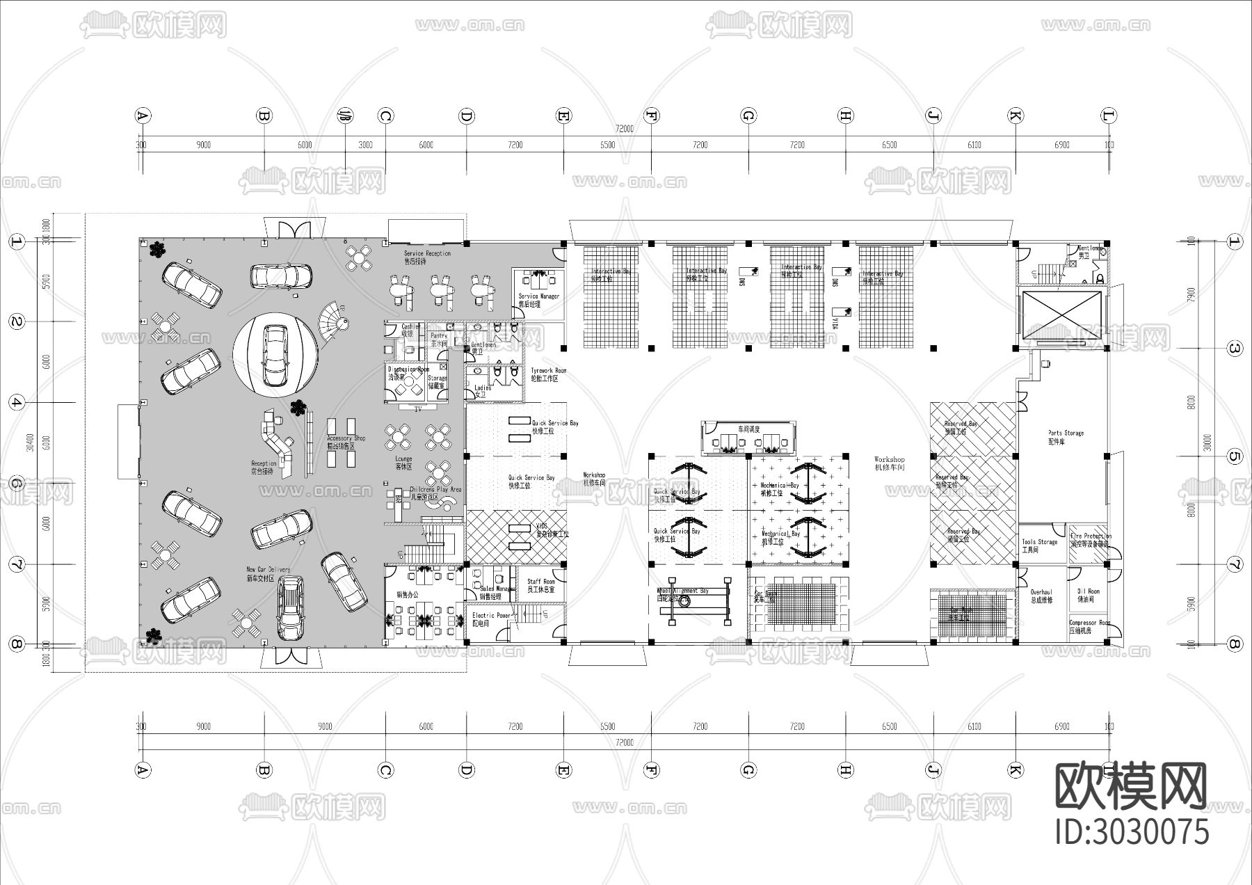 2000㎡汽车4S店cad平面图下载