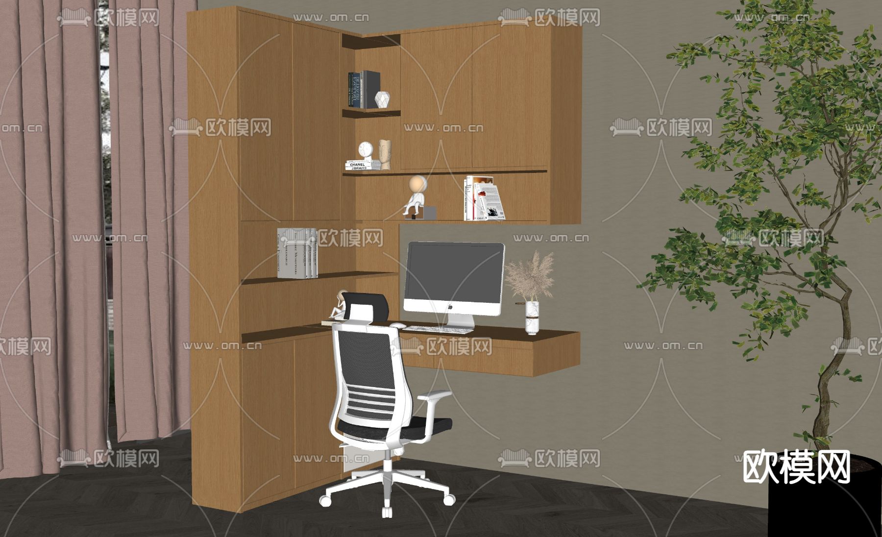 转角书桌椅su模型下载（渲染图2）