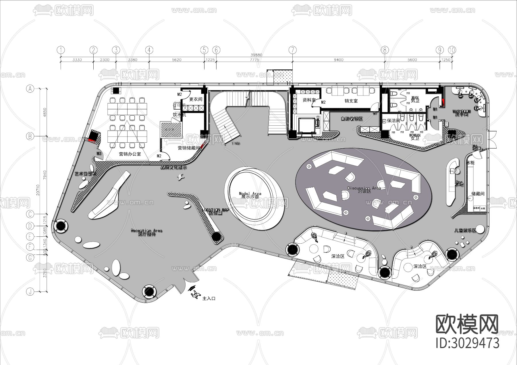 售楼部接待大厅样板间cad平面图下载（渲染图1）