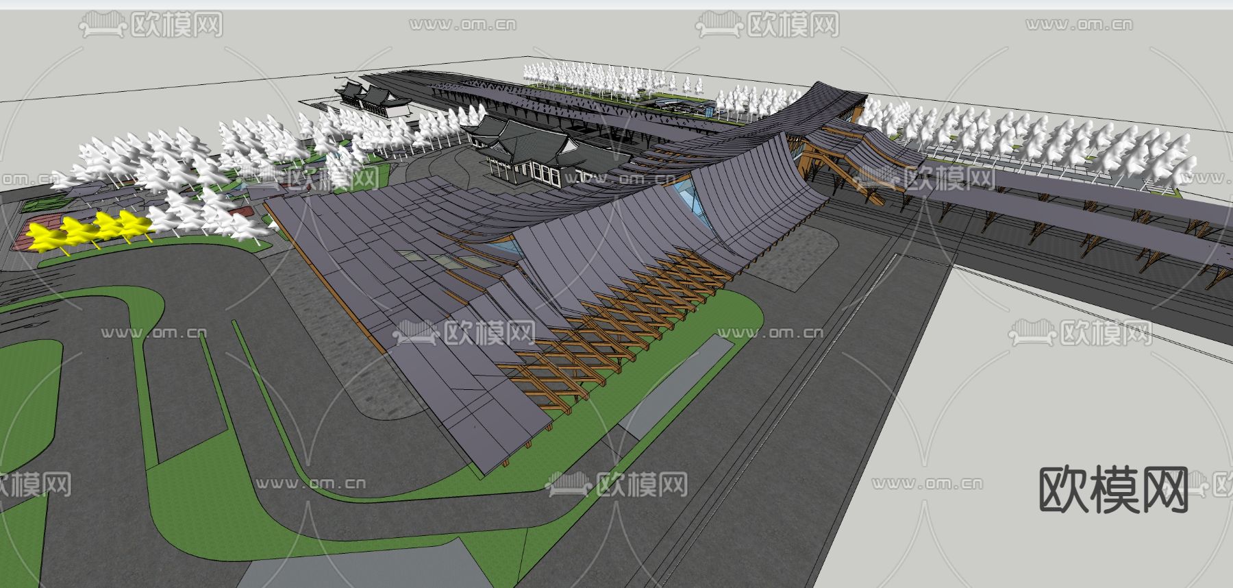 新中式高铁站 过街天桥su模型下载（渲染图2）