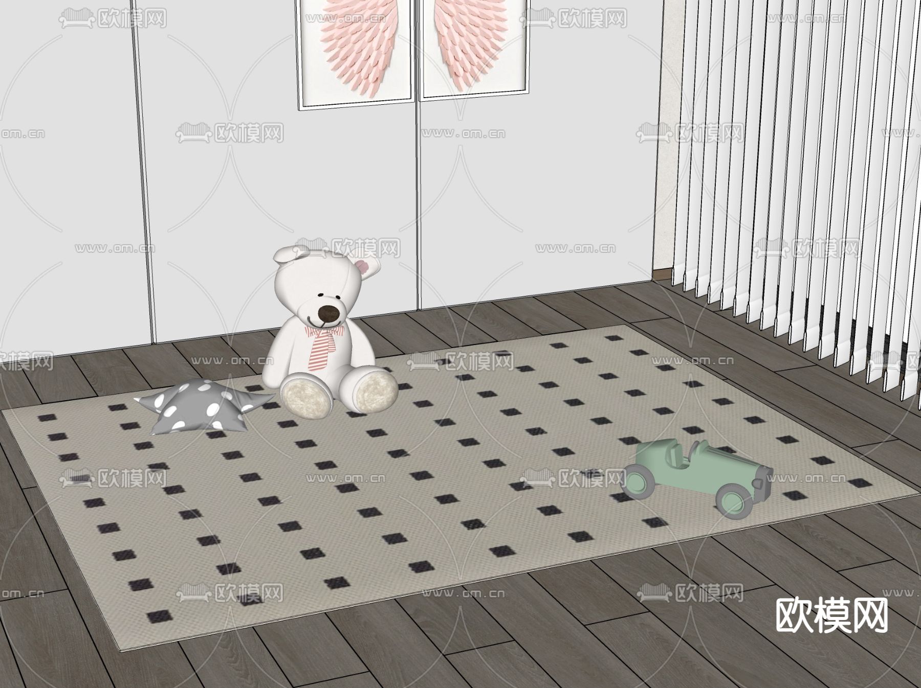 奶油风地毯 棋盘格地毯su模型下载（渲染图2）