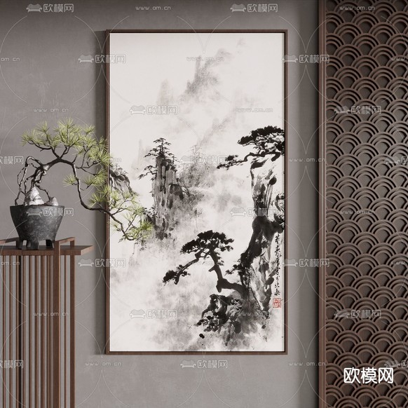 新中式水墨画 山书画 装饰画3d模型下载
