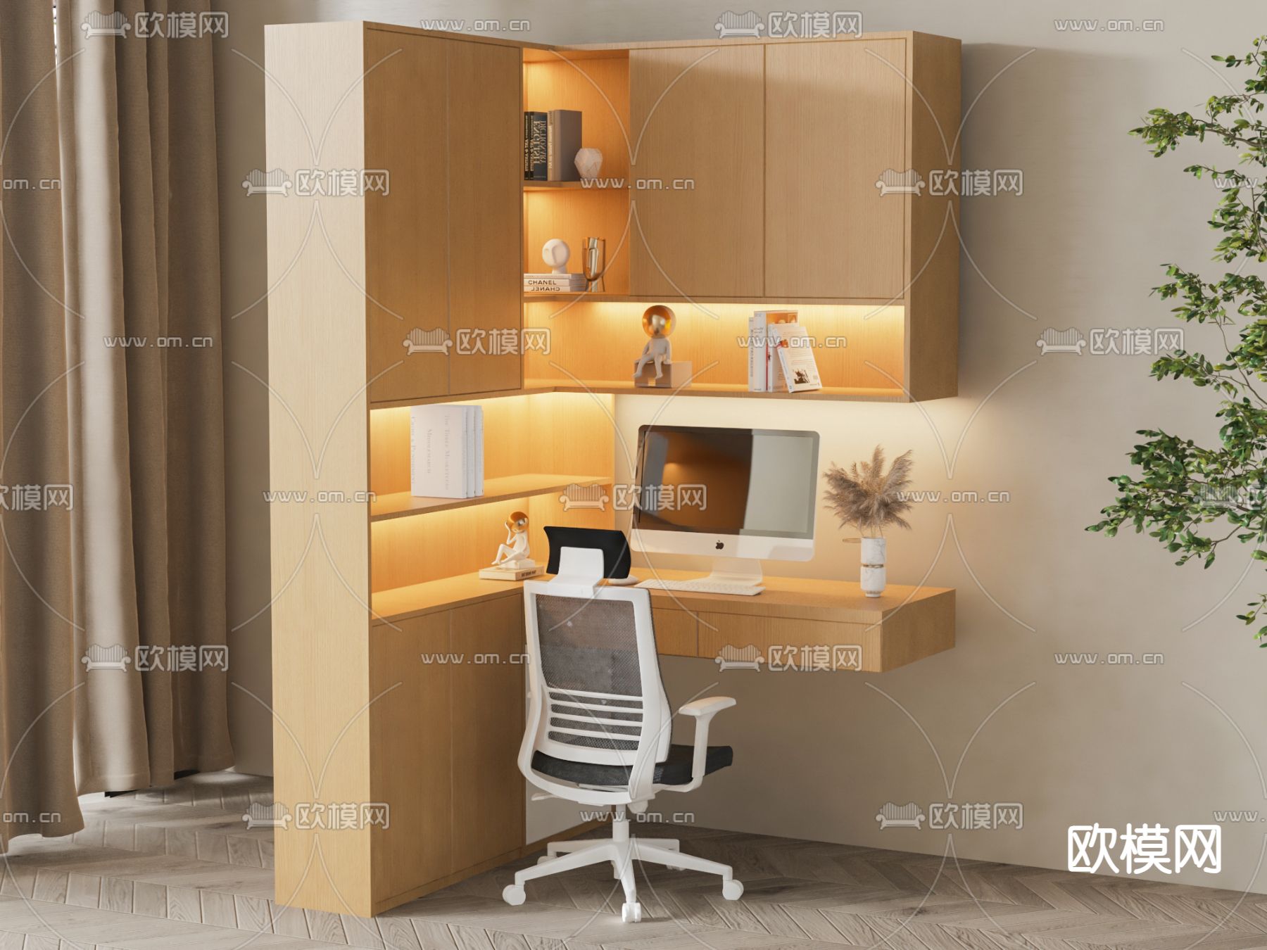 转角书桌椅su模型下载（渲染图1）