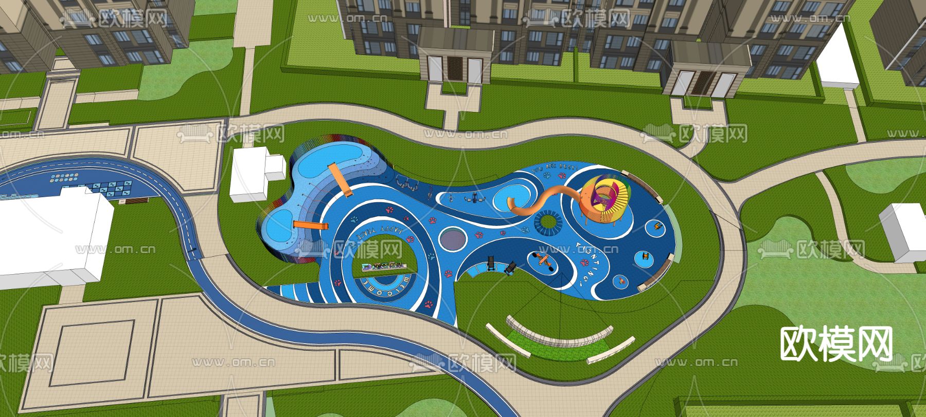 现代海洋主题儿童游乐区 儿童活动器械su模型下载（渲染图3）