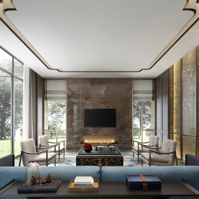  新中式别墅客厅su模型 