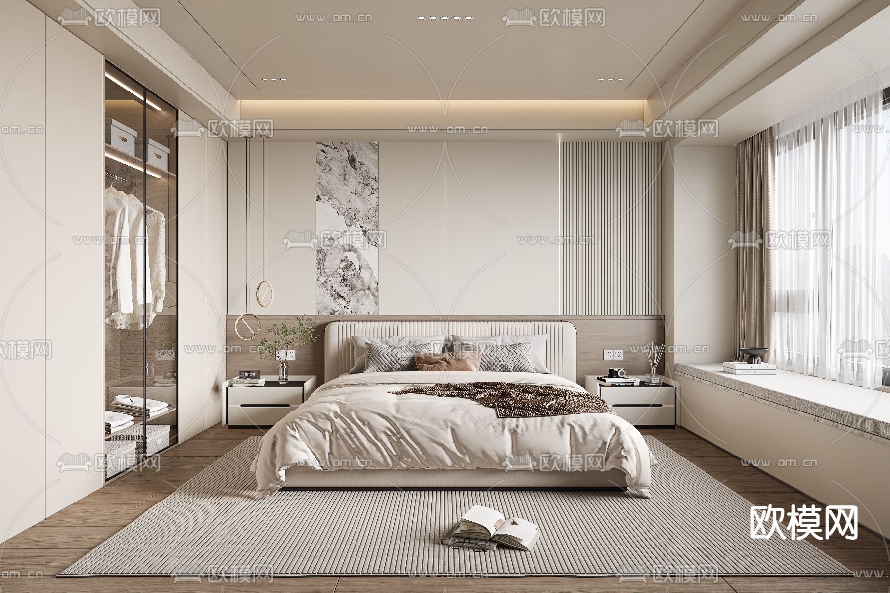 奶油风卧室 主人房3d模型下载（渲染图1）