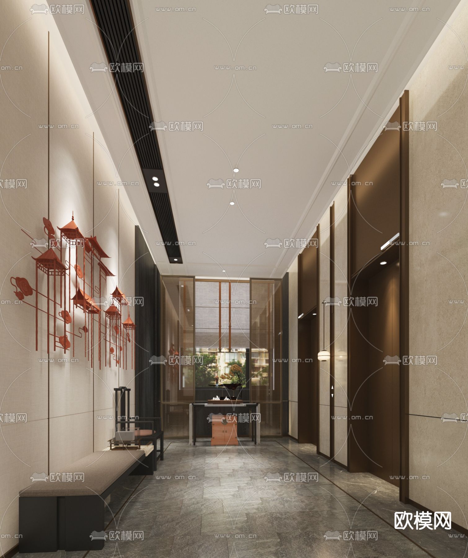 新中式电梯厅 电梯间3d模型下载