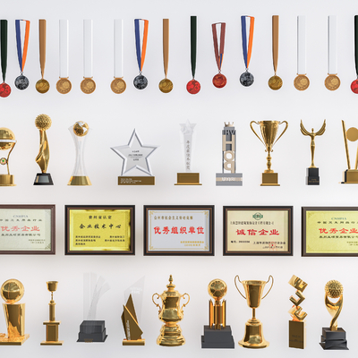  现代奖杯 荣誉证书 荣誉墙 奖状 奖牌su模型 