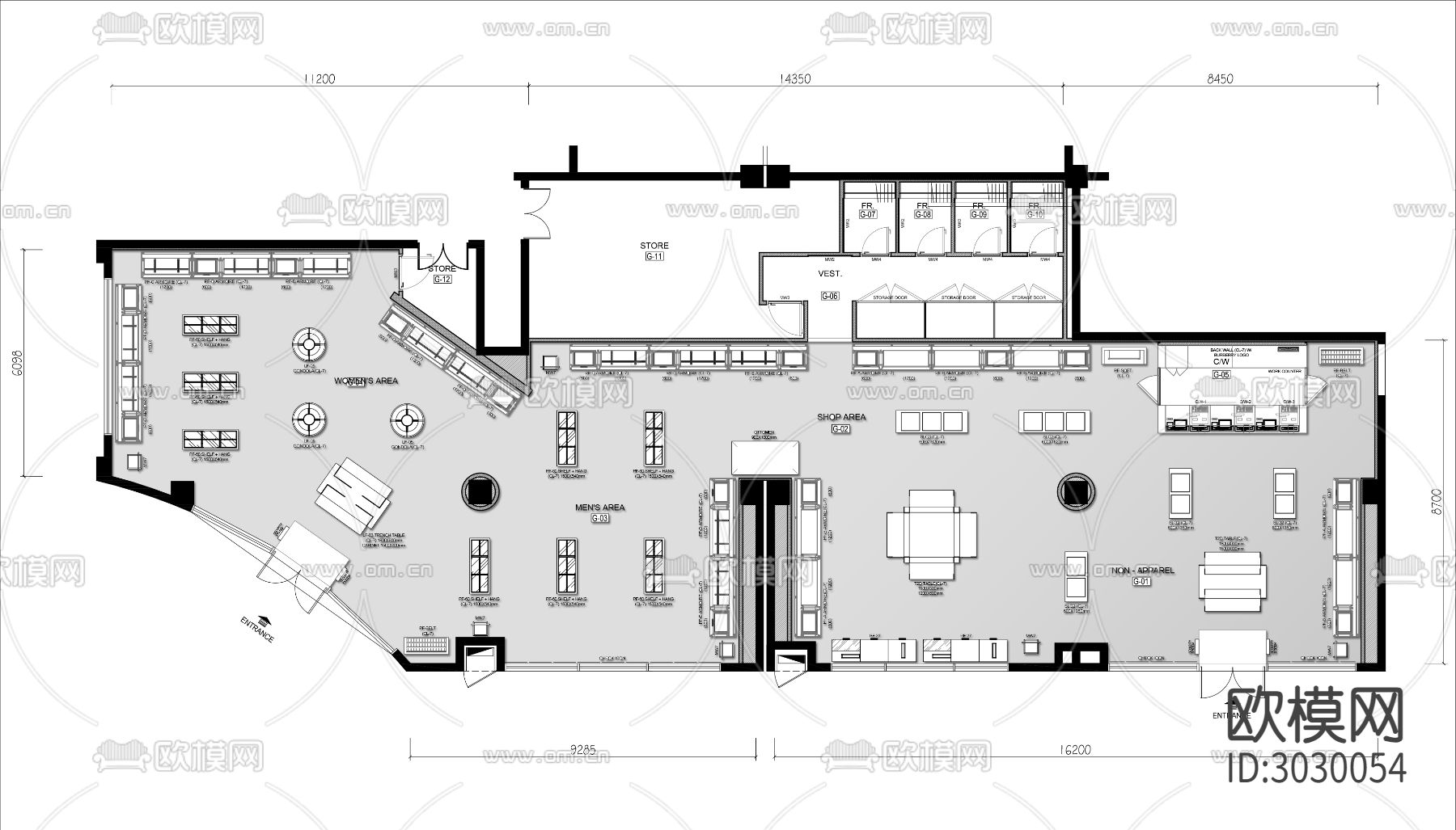 400㎡箱包店cad平面图下载