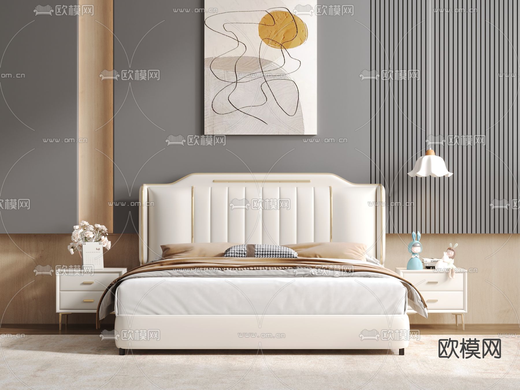奶油风双人床3d模型下载