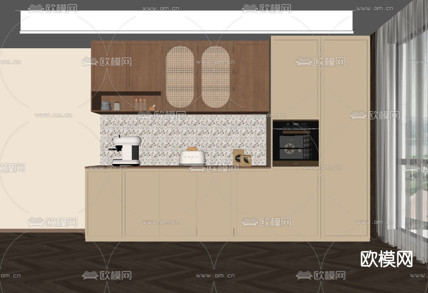 中古风橱柜 餐边柜su模型下载（渲染图2）