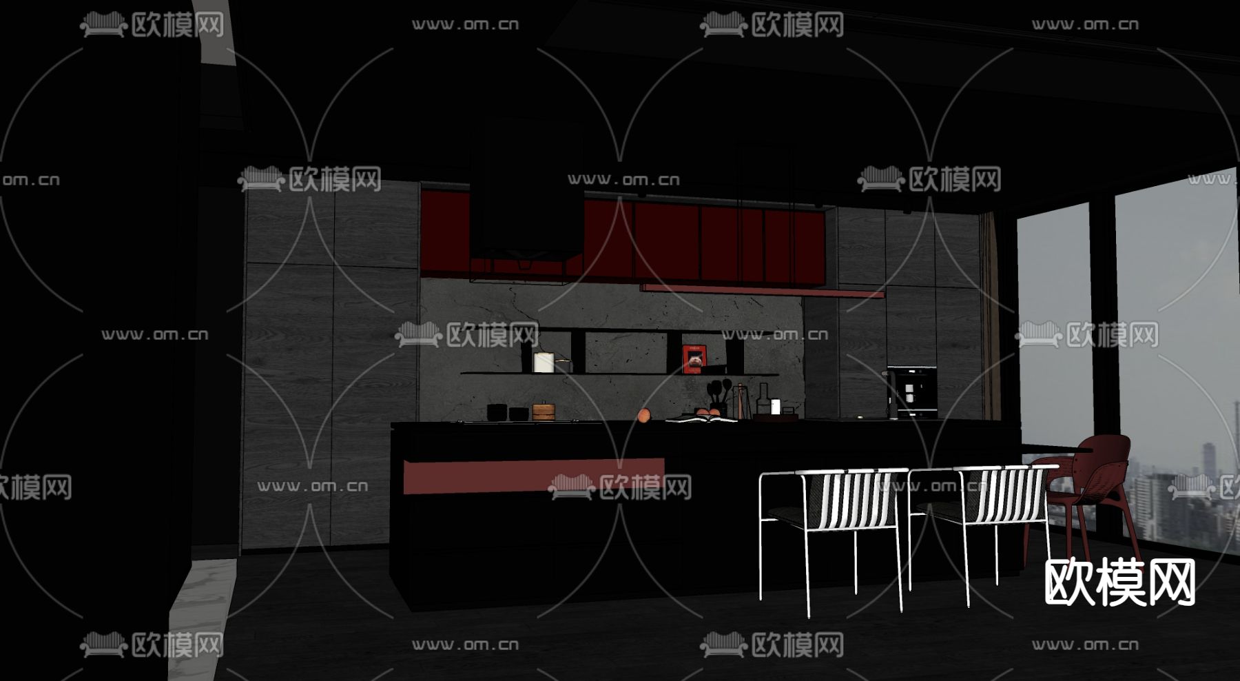 开放式厨房 橱柜su模型下载（渲染图1）